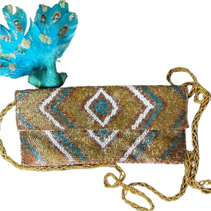 Expressions Gold Beaded Bag Teal Cream Accents Perfect Size 5x10 Favorites SALE